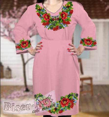 фото: женское платье (заготовка, ткань розовый габардин) с вышивкой маки, калина, ежевика, желуди