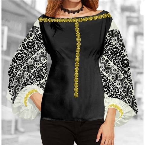 фото: блуза Бохо (заготовка) с вышивкой чёрный цветочный узор, цвет молочный