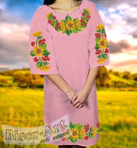 фото: розовое женское платье (заготовка) с вышивкой подсолнухи