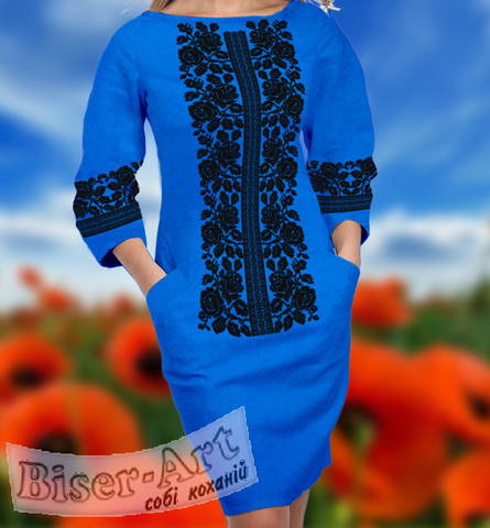 фото: вышитое бисером женское платье, ткань синий габардин