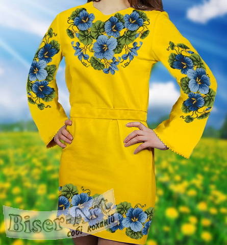 фото: желтое женское платье (заготовка) с вышивкой голубой вьюнок