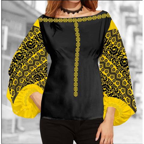 фото: блуза Бохо (заготовка) с вышивкой чёрный цветочный узор, цвет жёлтый
