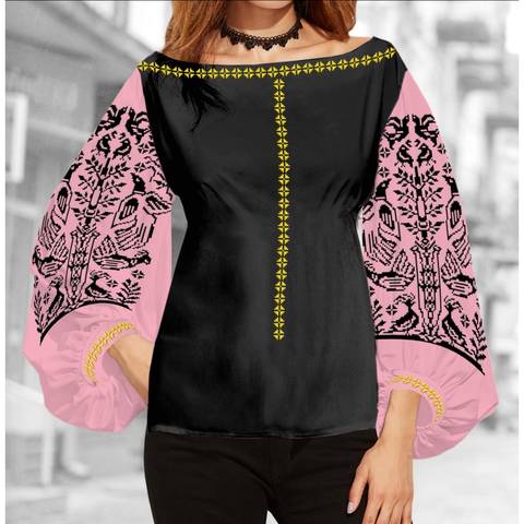 фото: блуза Бохо (заготовка) с вышивкой чёрный узор и пара птиц, цвет розовый