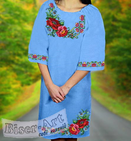 фото: голубое женское платье (заготовка) с вышивкой букет и цветной узор