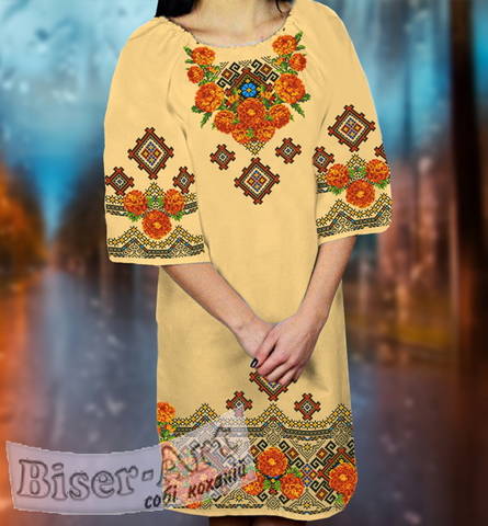 фото: вышитое бисером женское платье, ткань абрикосовый габардин