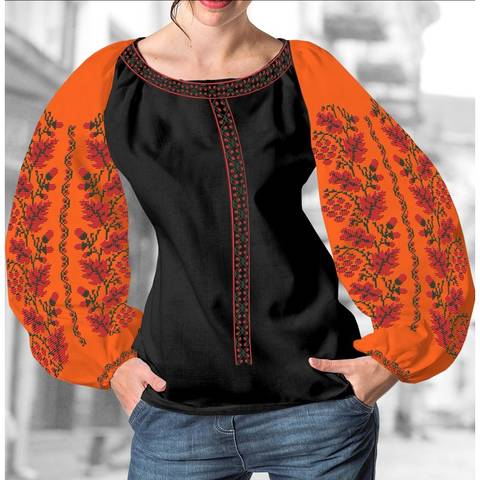 фото: блуза Бохо (заготовка) с вышивкой калина, желуди и листья дуба, цвет оранжевый