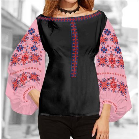 фото: блуза Бохо (заготовка) с вышивкой геометрический узор со стилизованными цветами, цвет розовый