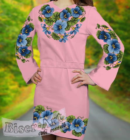 фото: розовое женское платье (заготовка) с вышивкой голубой вьюнок