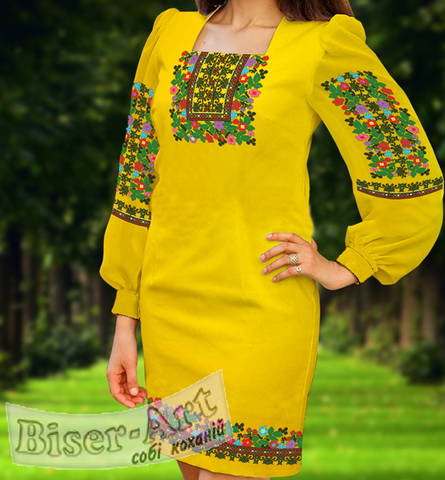 фото: вышитое бисером женское платье, ткань жёлтый габардин