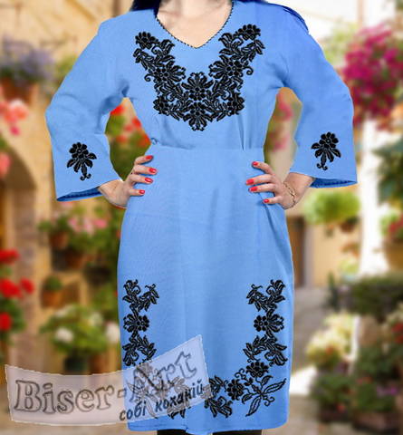 фото: голубое женское платье (заготовка) с вышивкой чёрный цветочный узор