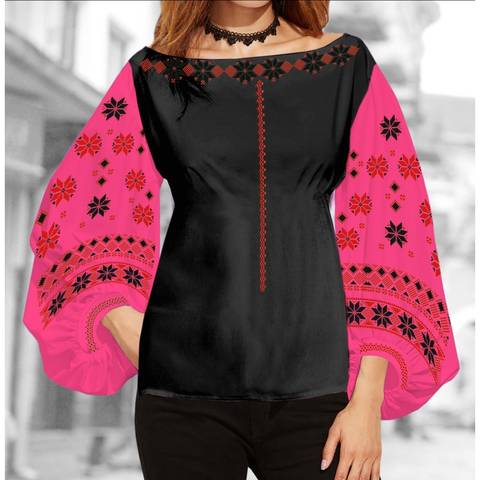 фото: блуза Бохо (заготовка) с вышивкой геометрический узор со стилизованными цветами, цвет малиновый
