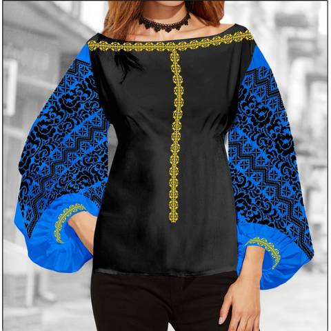 фото: блуза Бохо (заготовка) с вышивкой чёрный цветочный узор, цвет синий