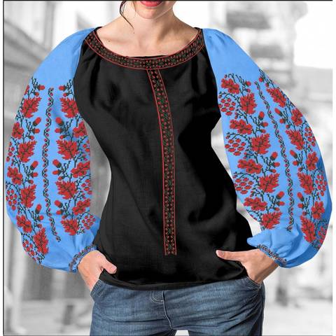 фото: блуза Бохо (заготовка) с вышивкой калина, желуди и листья дуба, цвет голубой