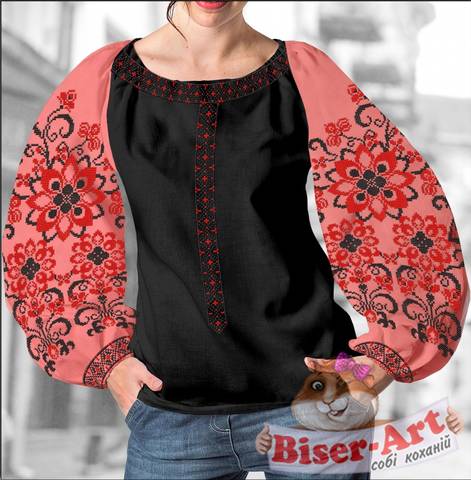 фото: блуза Бохо (заготовка) с вышивкой красно-чёрный узор со стилизованными цветами, цвет коралловый