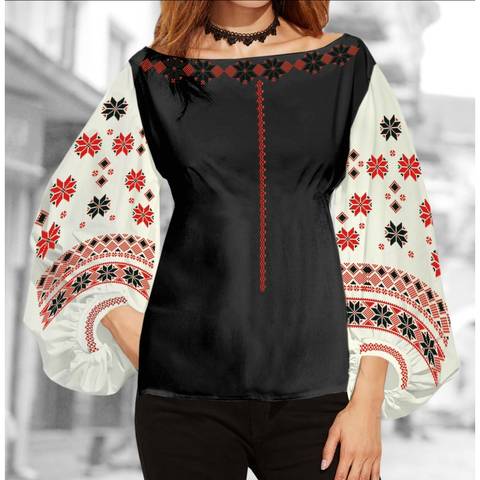 фото: блуза Бохо (заготовка) с вышивкой геометрический узор со стилизованными цветами, цвет молочный