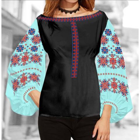 фото: блуза Бохо (заготовка) с вышивкой геометрический узор со стилизованными цветами, цвет мятный