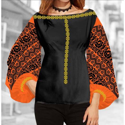 фото: блуза Бохо (заготовка) с вышивкой чёрный цветочный узор, цвет оранжевый