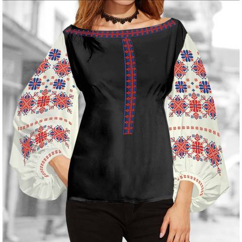фото: блуза Бохо (заготовка) с вышивкой геометрический узор со стилизованными цветами, цвет молочный