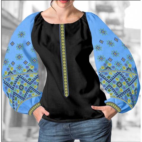 фото: блуза Бохо (заготовка) с вышивкой геометрический узор с ромбами, цвет голубой