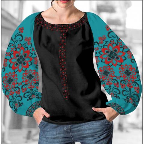 фото: блуза Бохо (заготовка) с вышивкой красно-чёрный узор со стилизованными цветами, цвет изумрудный