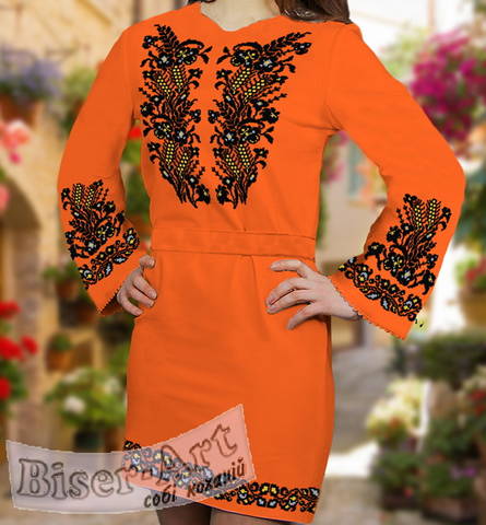 фото: вышитое бисером женское платье, ткань оранжевый габардин