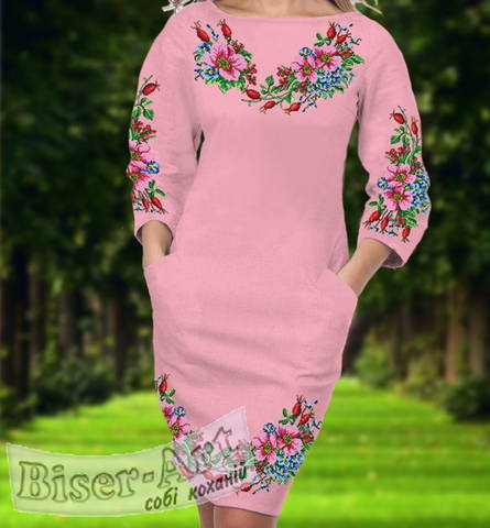 фото: розовое женское платье (заготовка) с вышивкой шиповник и васильки