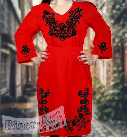 фото: красное женское платье (заготовка) с вышивкой чёрный цветочный узор
