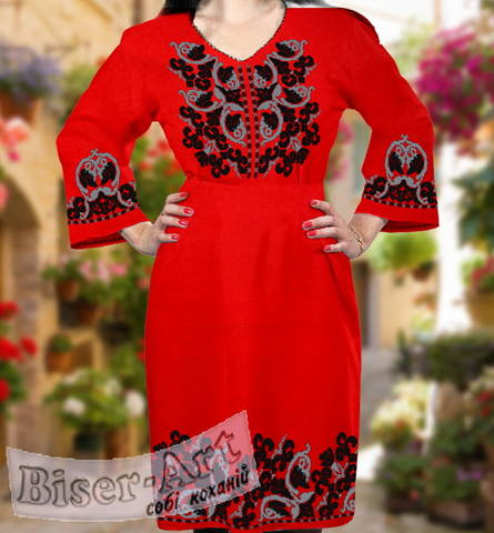 фото: вышитое бисером женское платье, ткань красный габардин