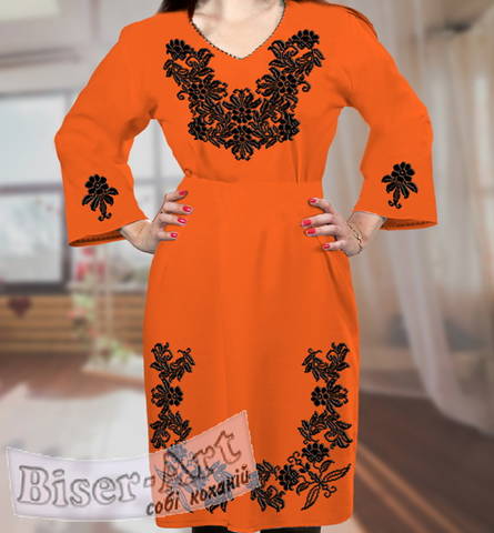 фото: оранжевое женское платье (заготовка) с вышивкой чёрный цветочный узор
