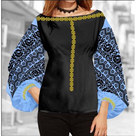 фото: блуза Бохо (заготовка) с вышивкой чёрный цветочный узор, цвет голубой