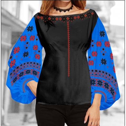 фото: блуза Бохо (заготовка) с вышивкой геометрический узор со стилизованными цветами, цвет синий