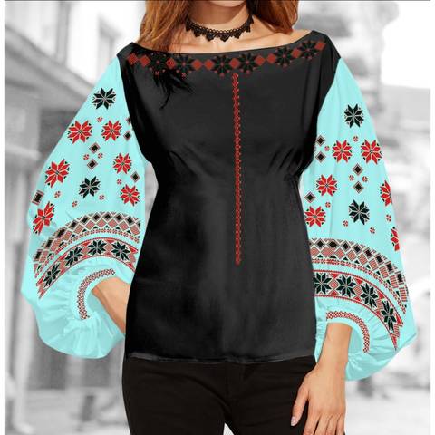 фото: блуза Бохо (заготовка) с вышивкой геометрический узор со стилизованными цветами, цвет мятный
