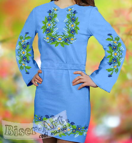 фото: голубое женское платье (заготовка) с вышивкой голубые васильки
