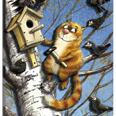 фото: картина папертоль кот, рыжий кот, кот на дереве, кот и скворцы