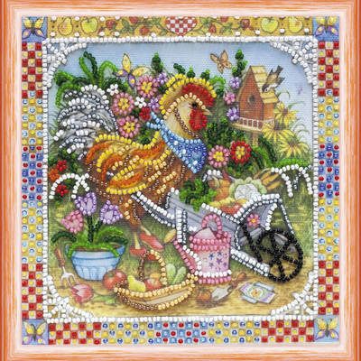 Набор для вышивания бисером на натуральном художественном холсте "Петушок-садовник"