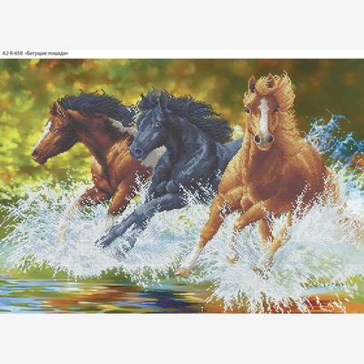 фото: картина, вышитая бисером, Бегущие лошади