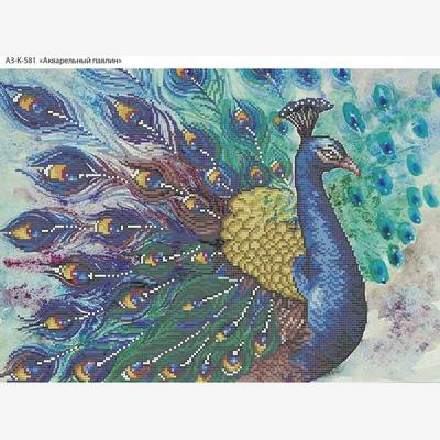 фото: картина, вышитая бисером, Акварельный павлин