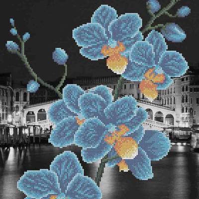 фото: картина, вышитая бисером, Ветка орхидеи (синяя)