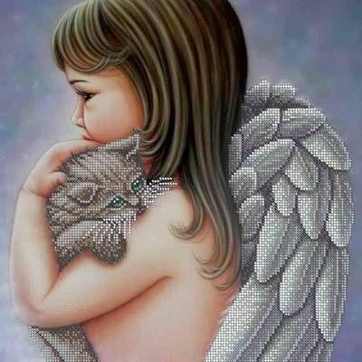 фото: картина, вышитая бисером, Ангел с котенком