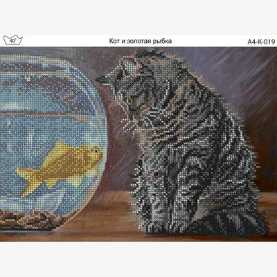 фото: картина, вышитая бисером, Кот и золотая рыбка