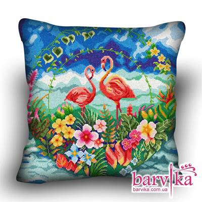 фото: подушка, вышитая крестиком, Яркие фламинго