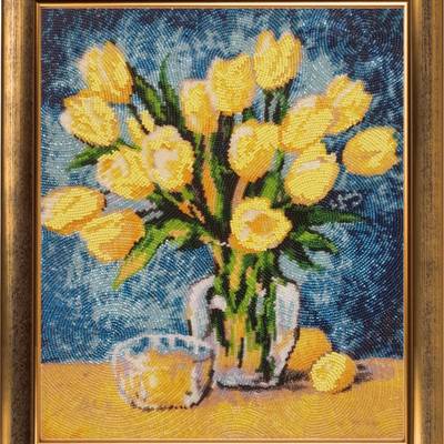 фото: картина, вышитая бисером, Солнечные тюльпаны