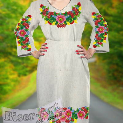 фото: льняное женское платье (заготовка) с вышивкой калина и одуванчики