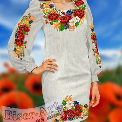 фото: льняное женское платье (заготовка) с вышивкой пышные цветы и колосья