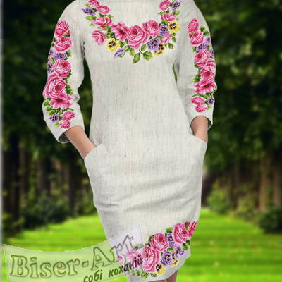 фото: льняное женское платье (заготовка) с вышивкой розовые розы и анютины глазки