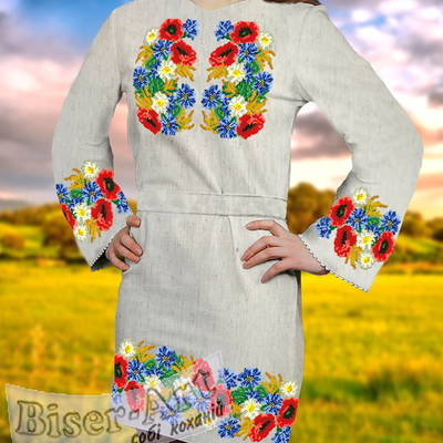фото: льняное женское платье (заготовка) с вышивкой колосья, маки и васильки