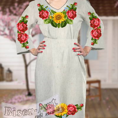 фото: льняное женское платье (заготовка) с вышивкой розы и подсолнухи