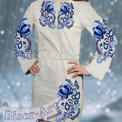 фото: льняное женское платье (заготовка) с вышивкой голубой цветочный узор