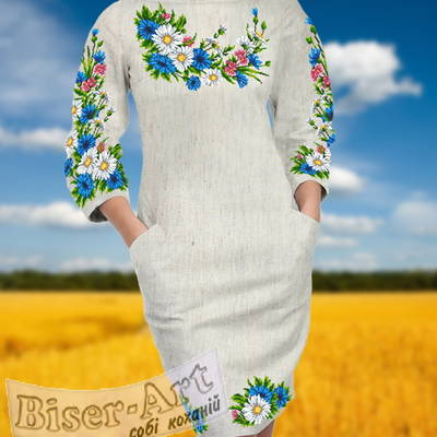 фото: льняное женское платье (заготовка) с вышивкой васильки, клевер, ромашки