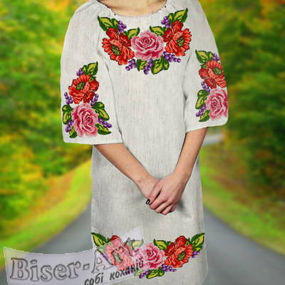 фото: льняное женское платье (заготовка) с вышивкой крупные цветы